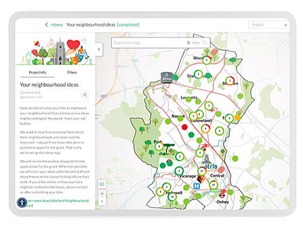 Screengrab of Commonplace's neighbourhood mapping tool showing a map labelled with circles and numbers, with notes alongside titled 'your neighbourhood ideas'